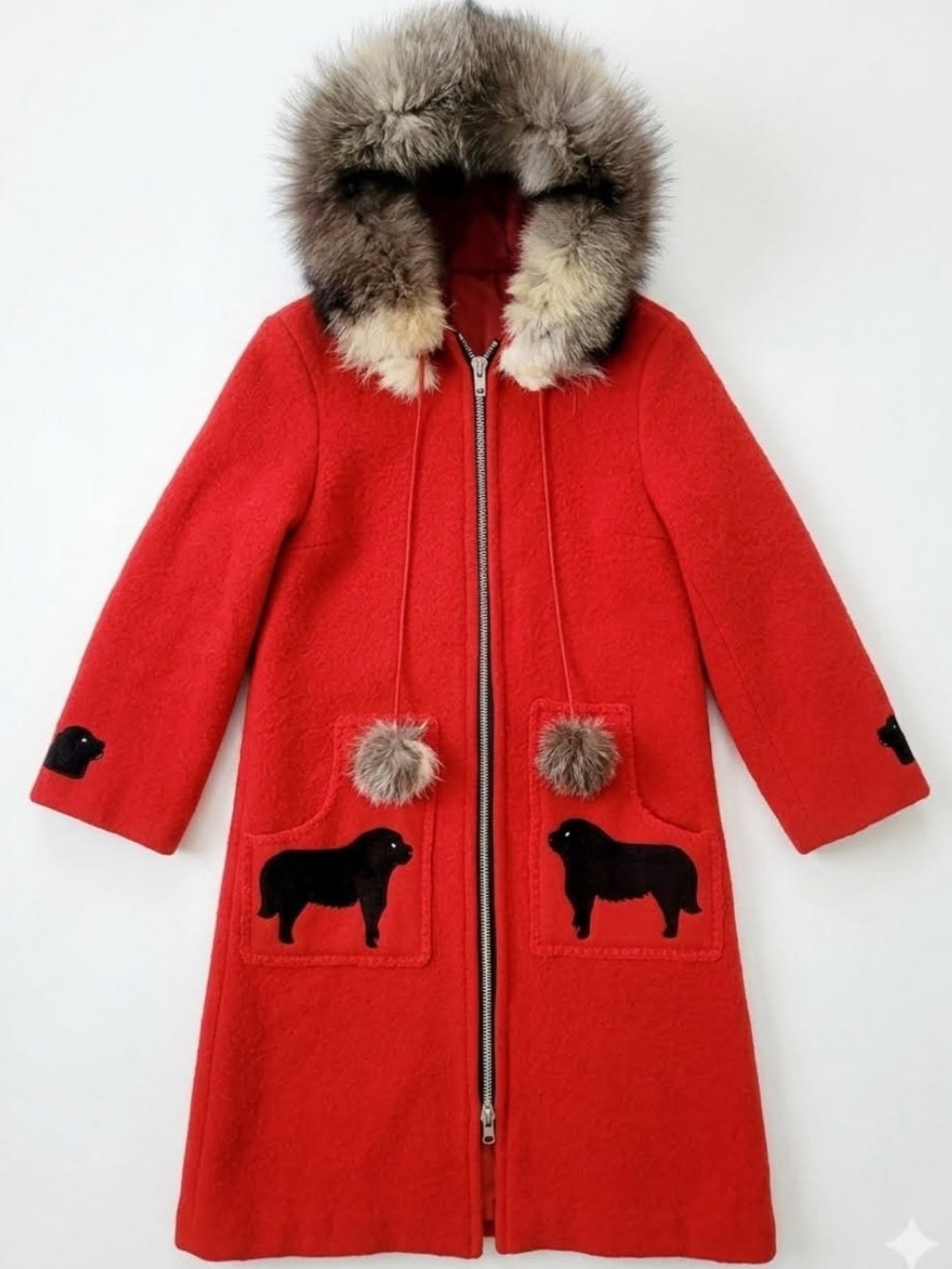 Rare 1970s Vintage Red Wool Canadian Parka Coat with Fur Trimmed Hood & Dog Silh